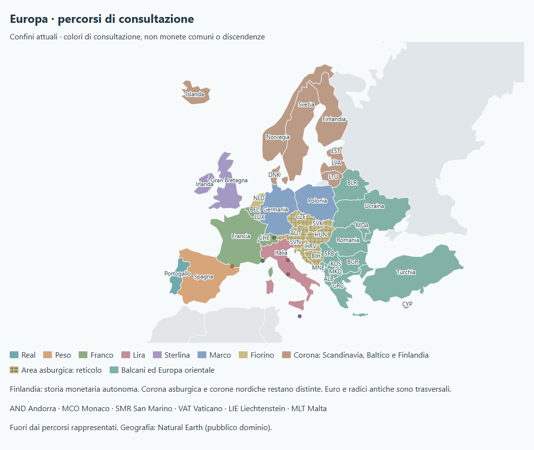 Cartina statica dei percorsi monetari europei, con famiglie e tradizioni nazionali