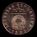 Letónia, 5 santimi, anverso; tipo 1992–2009; Latão com níquel