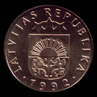 Letónia, 20 santimu, anverso; tipo 1992–2009; Latão com níquel
