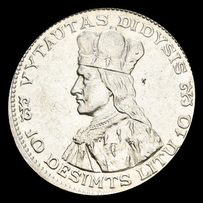 Lituânia, 10 litų, anverso; tipo 1936; Prata 0.750