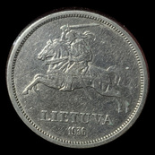 Lituânia, 5 litai, anverso; tipo 1936; Prata 0.750