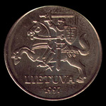 Lituânia, 50 centų, anverso; tipo 1997–2014; Latão com níquel