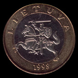 Lituânia, 2 litai, anverso; tipo 1998–2014; Bimetálica: centro em cuproníquel, anel em bronze de alumínio
