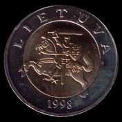 Lituânia, 5 litai, anverso; tipo 1998–2014; Bimetálica: centro em bronze de alumínio, anel em cuproníquel