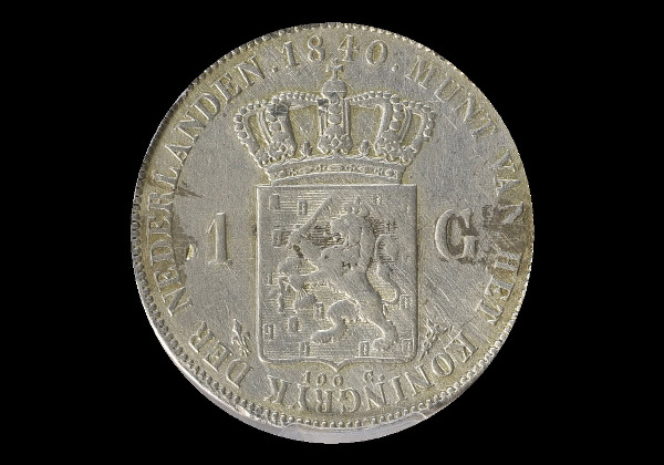 1 fiorino, Guglielmo I, rovescio; tipo 1840; esemplare 1840; Fotografia attraverso un contenitore trasparente.