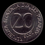 Eslovénia, 20 tolarjev, anverso; tipo 2003–2006; Cuproníquel