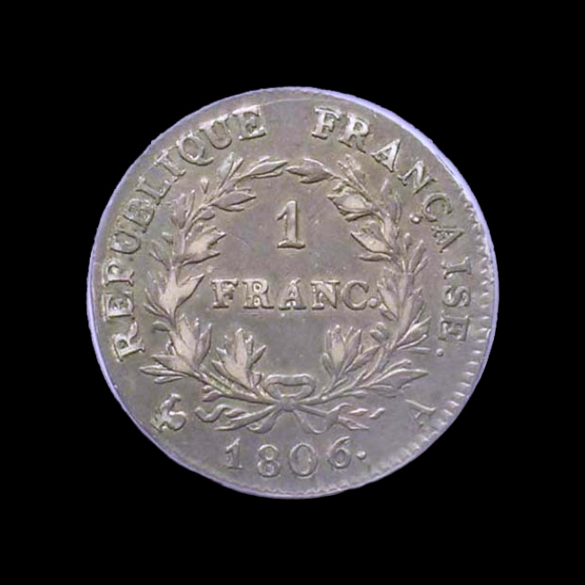 France — Premier Empire — 1 franc Tiolier — Napoléon Empereur, calendrier grégorien — 1806 — 1807 — revers