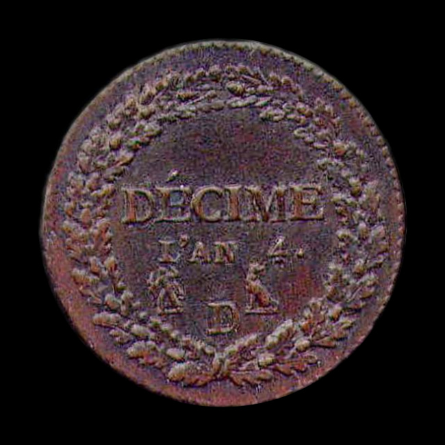 France — 10 centimes — Directoire — Un décime Dupré — petit module — 1795 — 1796 — revers