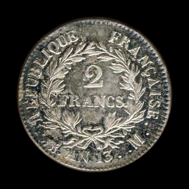 France — Premier Empire — 2 francs Tiolier — Napoléon Empereur, calendrier révolutionnaire — 1804 — 1805 — revers