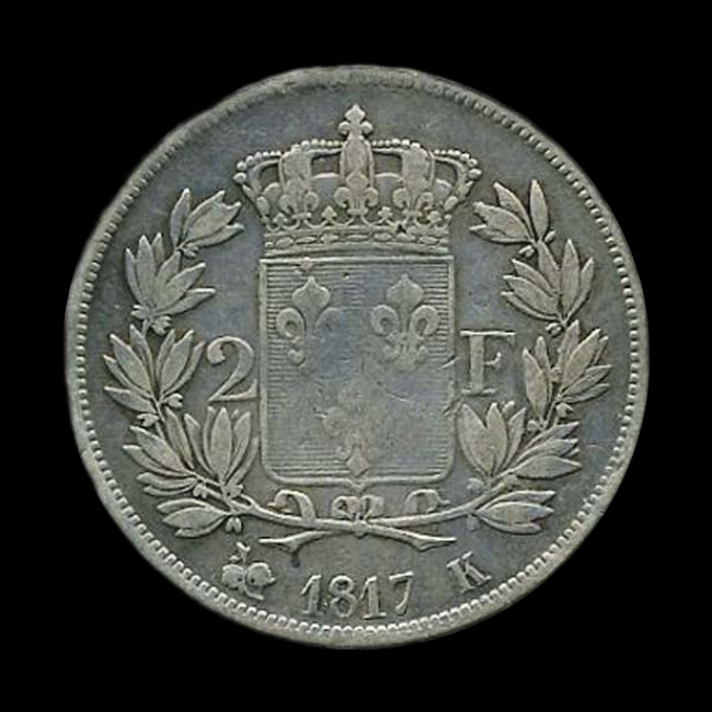 France — Louis XVIII — 2 francs Michaut — buste nu — 1816 — 1824 — revers