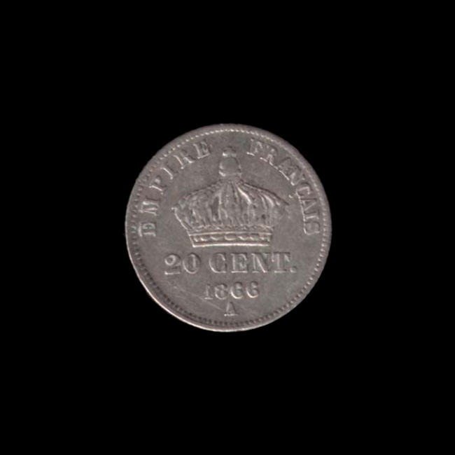 France — Second Empire — 20 centimes Napoléon III — tête laurée, petit module — 1864 — 1866 — revers