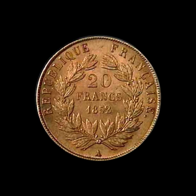 France — 20 Francs — Or — 1852 — Deuxième République — revers