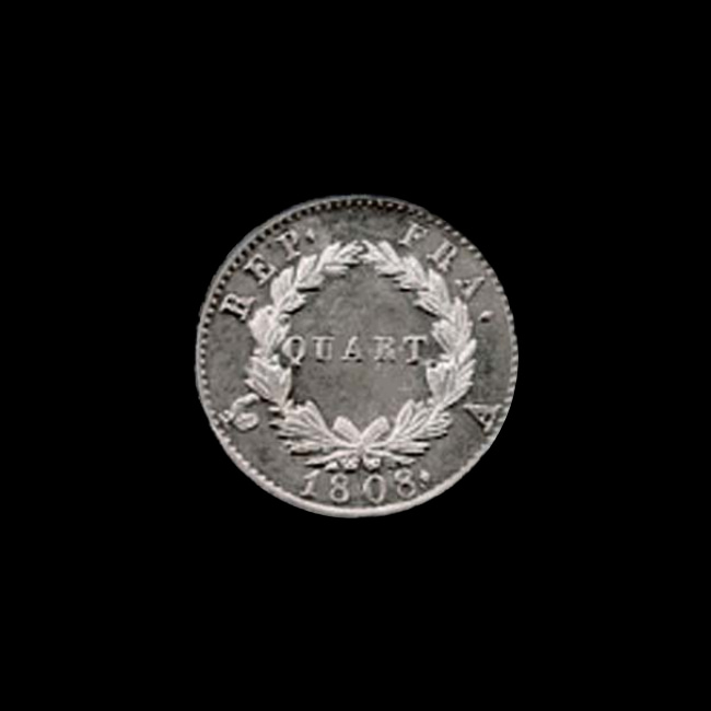 France — 25 centimes — Premier Empire — Quart de franc Tiolier — Napoléon Empereur, tête laurée, République Française — 1807 — 1808 — revers