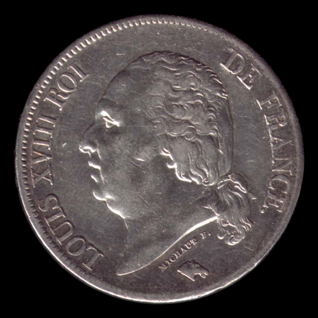France — 5 Francs — Argent — 1816–1824 — Louis XVIII — avers