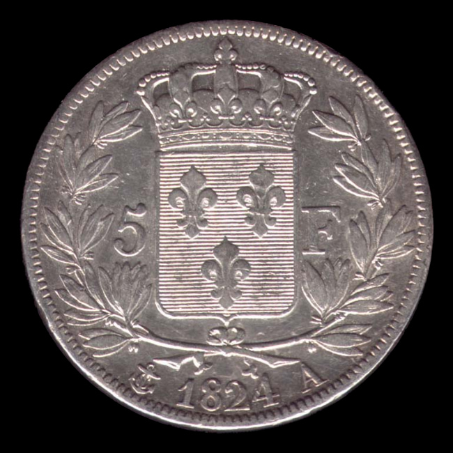 France — 5 Francs — Argent — 1816–1824 — Louis XVIII — revers