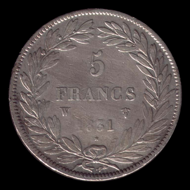 France — 5 Francs — Argent — 1830–1831 — Louis-Philippe Ier — revers