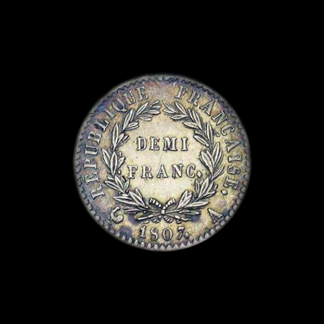France — 50 centimes — Premier Empire — Demi-franc Tiolier — tête de nègre — 1807 — 1807 — revers