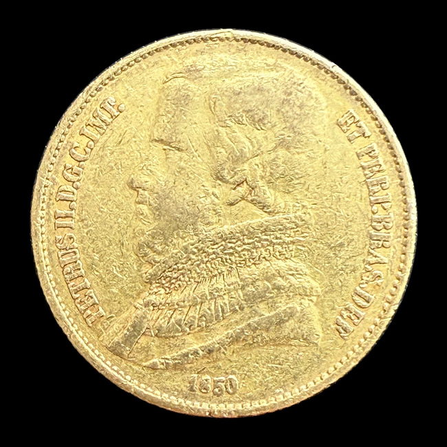Brasil — 20.000 Réis — Ouro — 1849–1851 — Real histórico — Pedro II — anverso