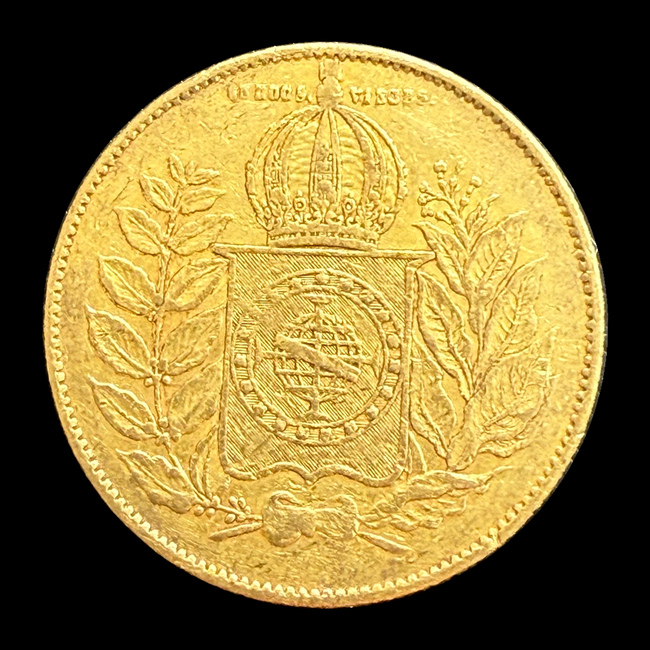 Brasil — 20.000 Réis — Ouro — 1849–1851 — Real histórico — Pedro II — reverso