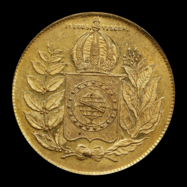 Brasil — 20.000 Réis — Ouro — 1851–1852 — Real histórico — Pedro II — reverso