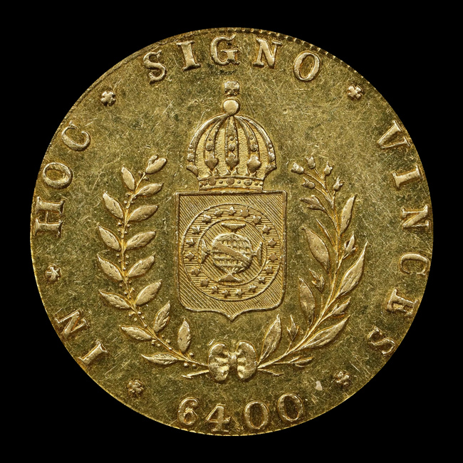 Brasil — 6.400 Réis — Ouro — 1832–1833 — Real histórico — Pedro II — reverso