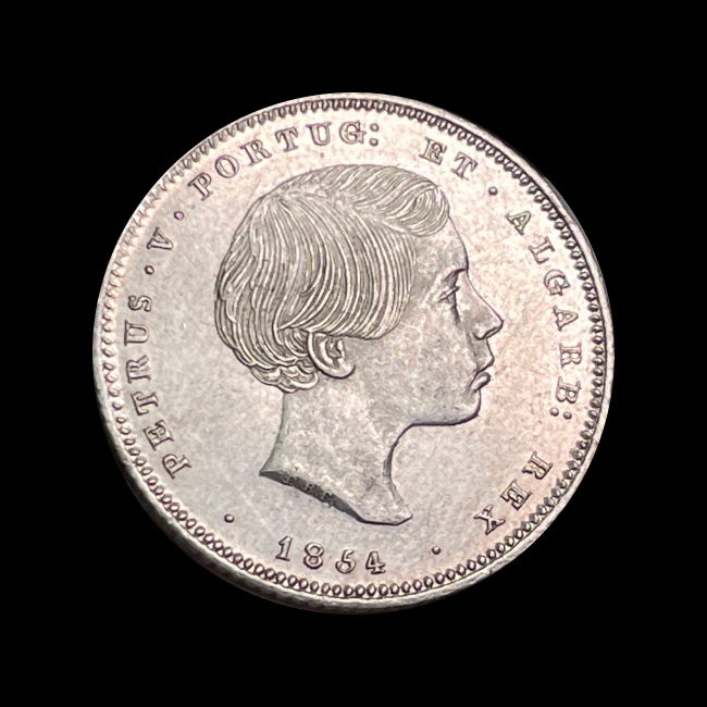 Portugal — 200 Réis — Prata — 1854–1855 — Real histórico — Pedro V — anverso