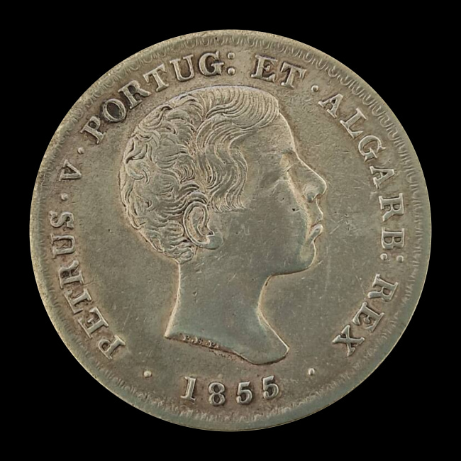 Portugal — 500 Réis — Prata — 1855–1856 — Real histórico — Pedro V — anverso