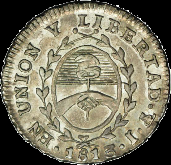 Medio real de las Provincias Unidas, cara del escudo