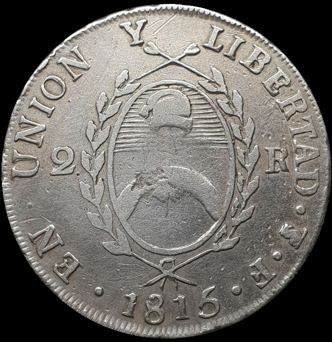 Dos reales de las Provincias Unidas, cara del escudo
